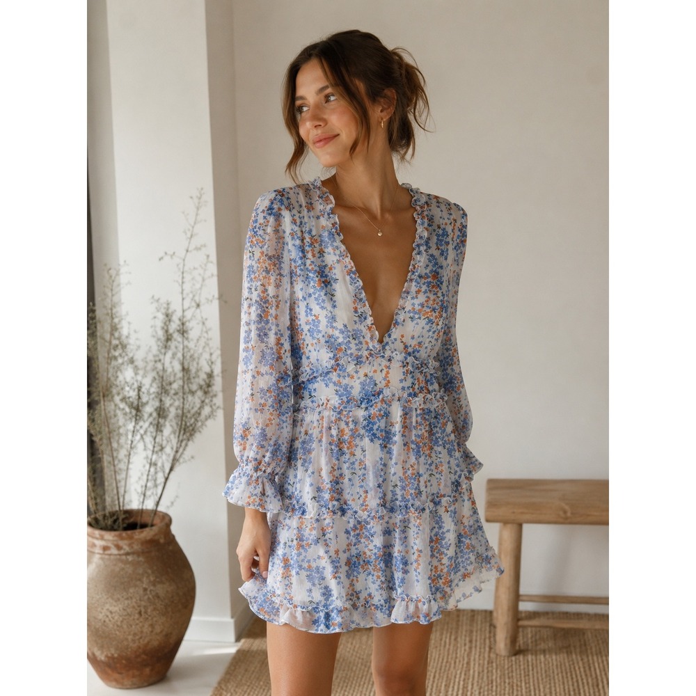 Floral Open Back Ruffle Mini Dress Cottagecore Boho Long Sleeve Women's Large